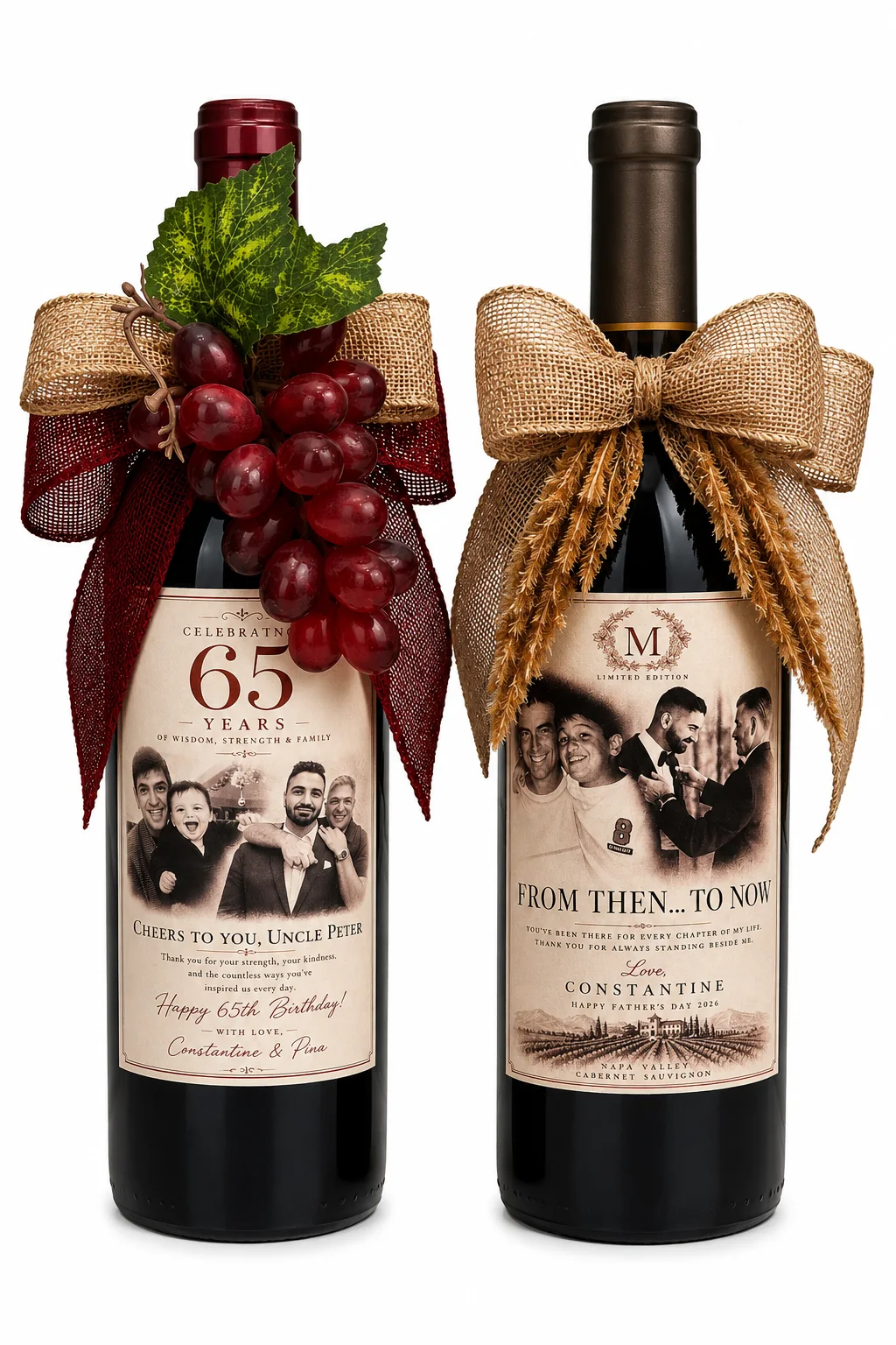 Two custom wine bottles with milestone photo labels and ribbon details