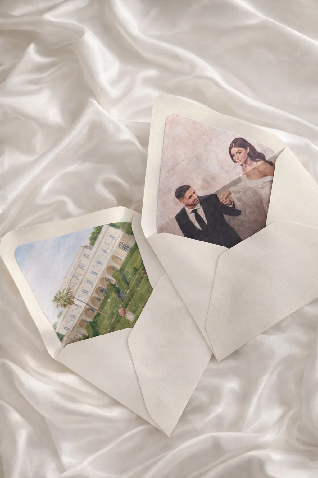 Custom envelope liners with venue illustration and couple portrait on ivory envelopes