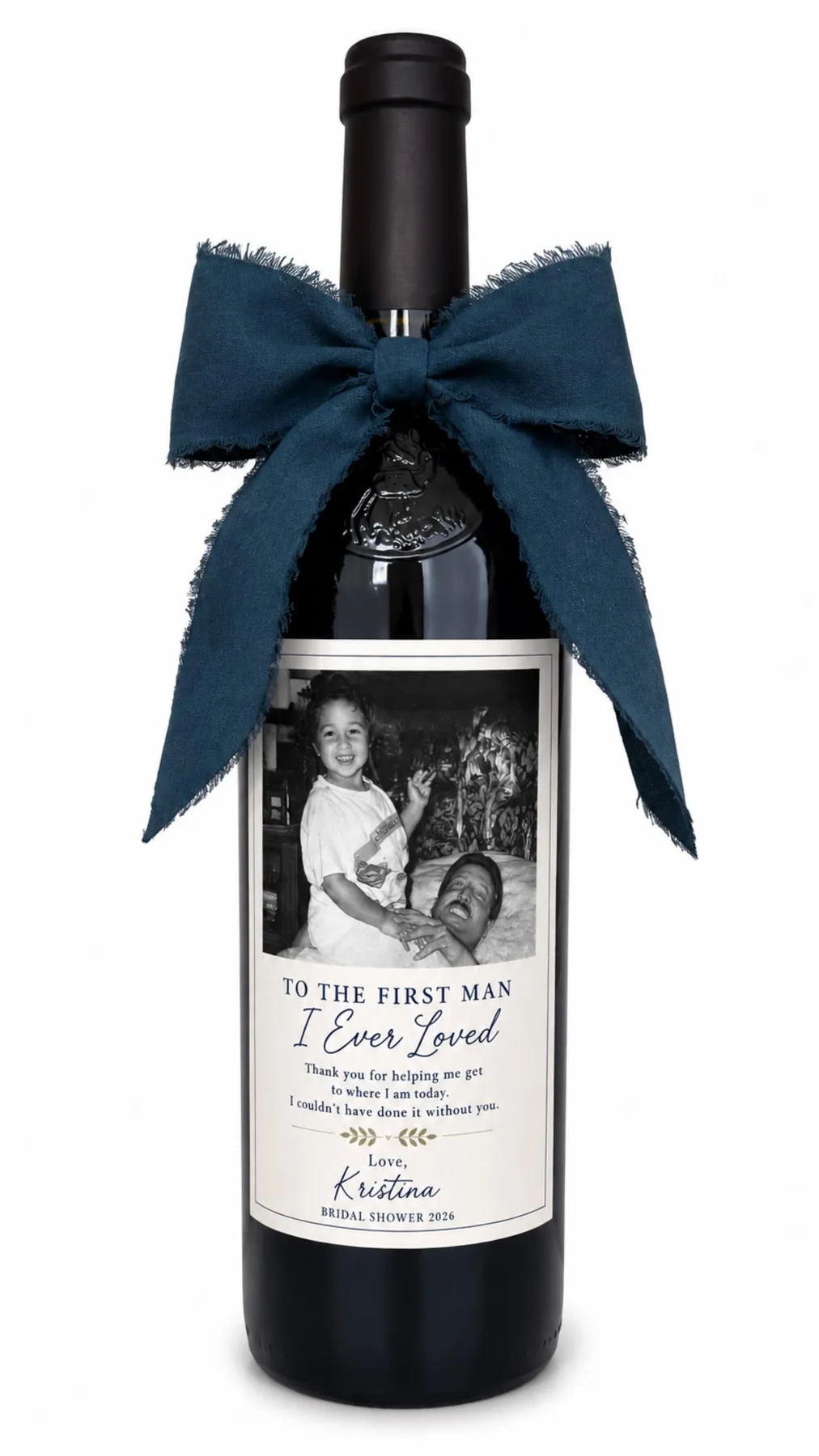 Custom wine bottle with photo label and navy bow