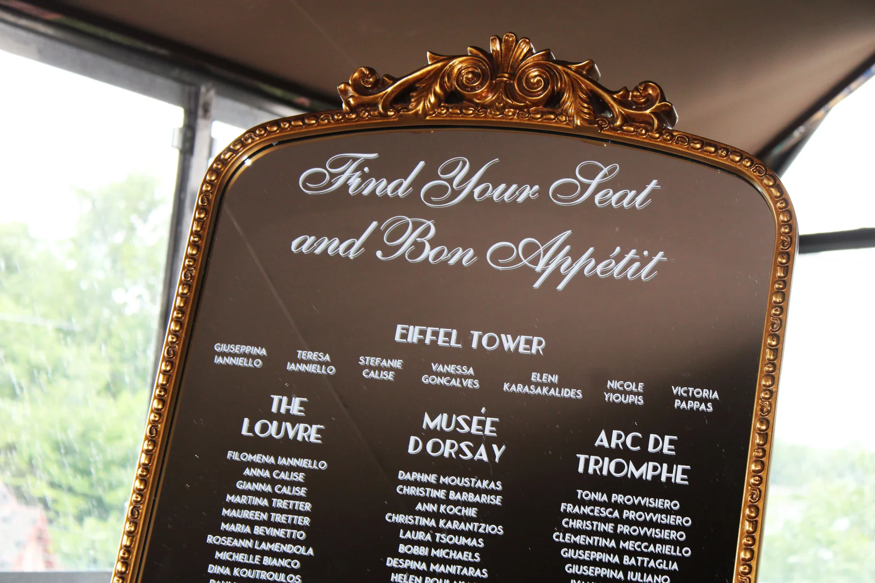 French themed bridal shower seating chart in ornate gold frame