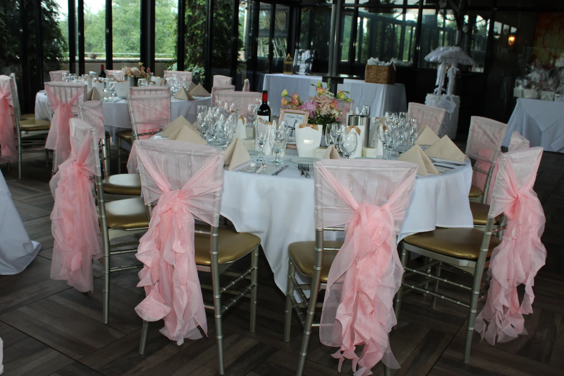 French bridal shower tablescape with blush chair sashes