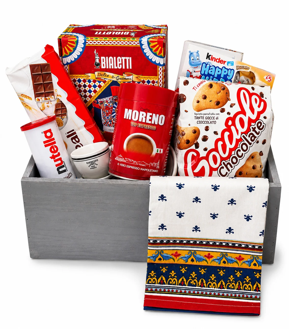 Italian themed housewarming basket with espresso, cookies, Nutella, and tea towel