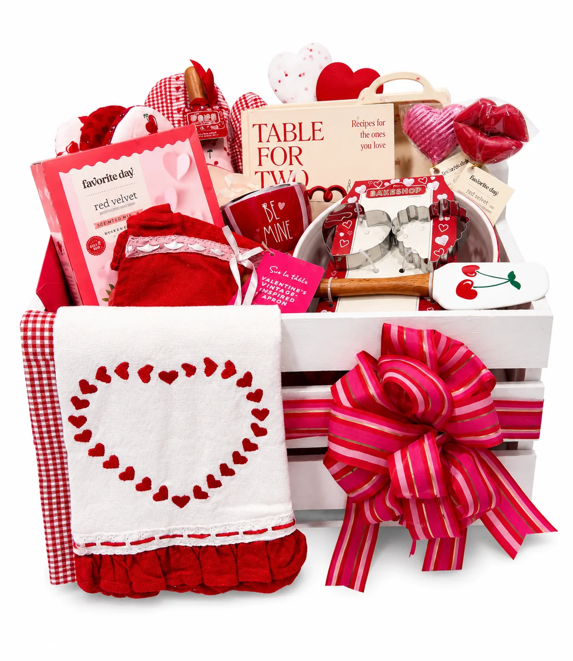 Valentine's Day themed housewarming basket with red and pink table details
