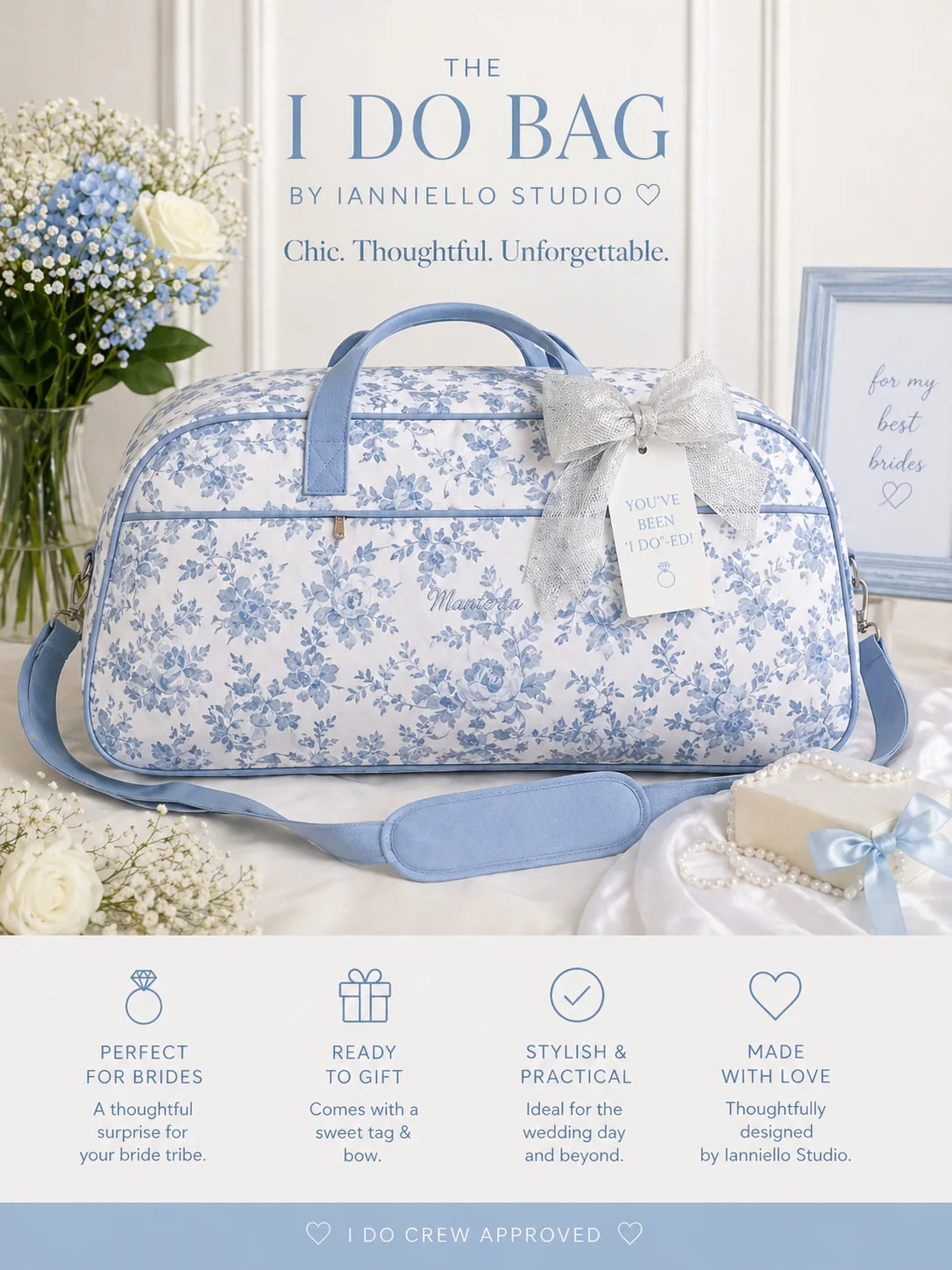 The I DO Bag by Ianniello Studio with blue floral bridal weekender bag and gift details
