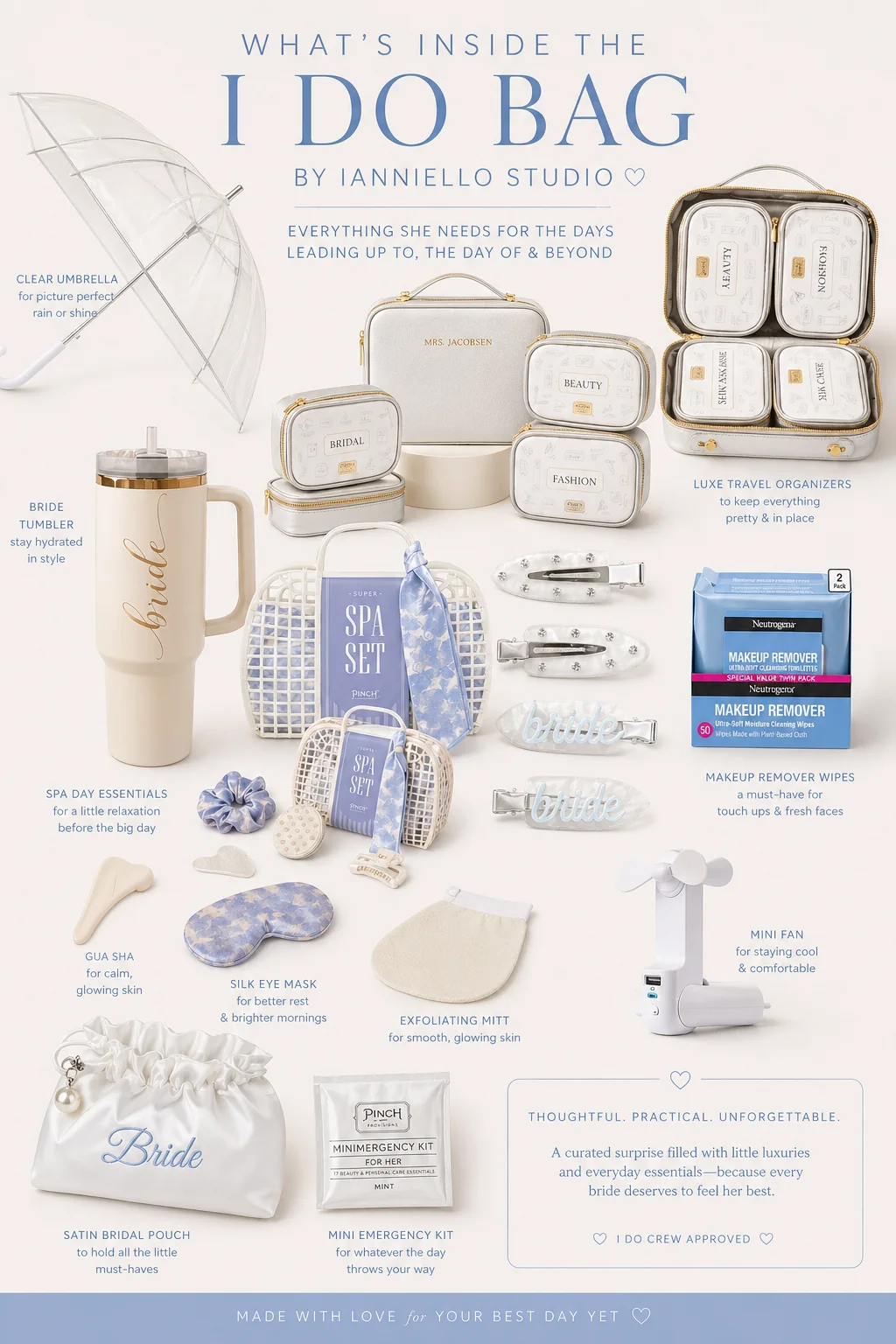 What's inside The I DO Bag with bridal essentials, organizers, pouch, tumbler, and accessories