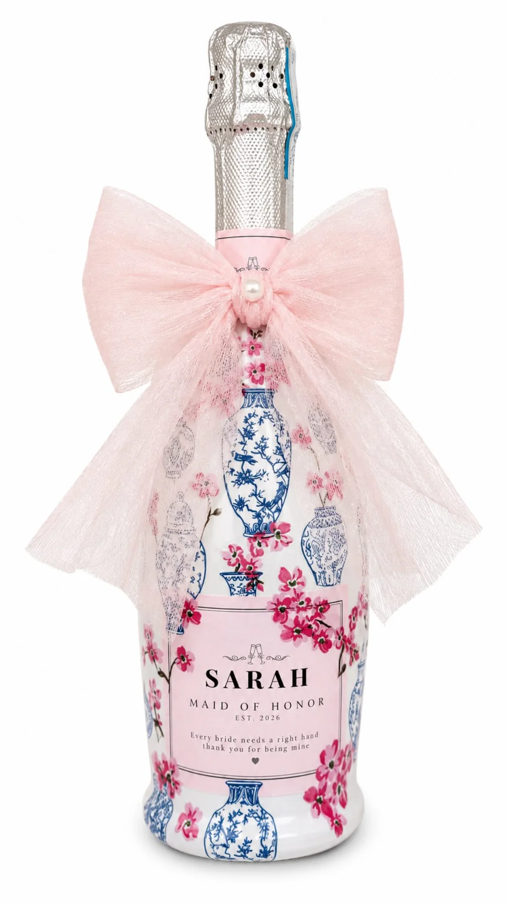 Custom prosecco bottle with pink bow and floral label