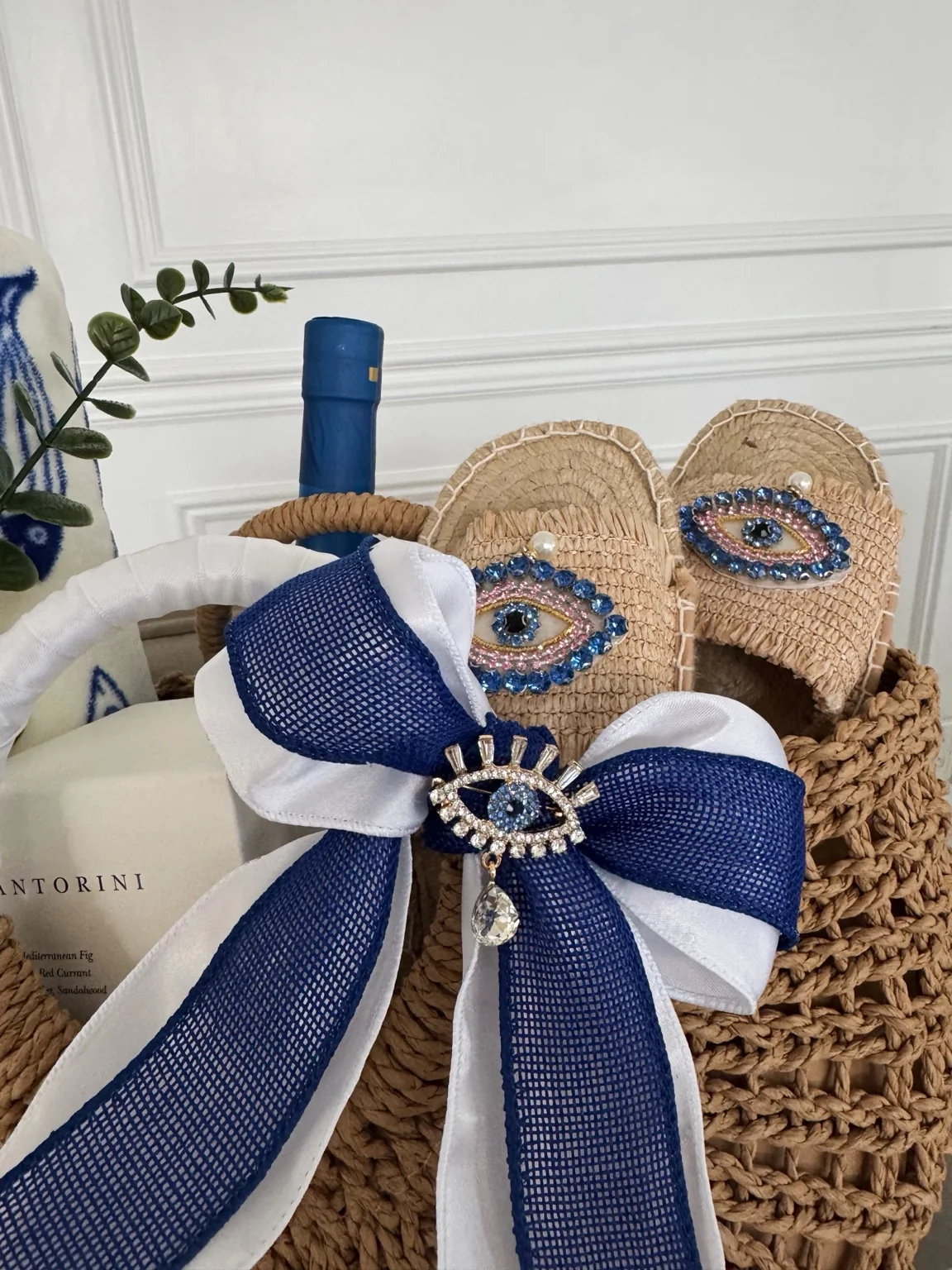 Santorini basket details with navy ribbon and woven textures